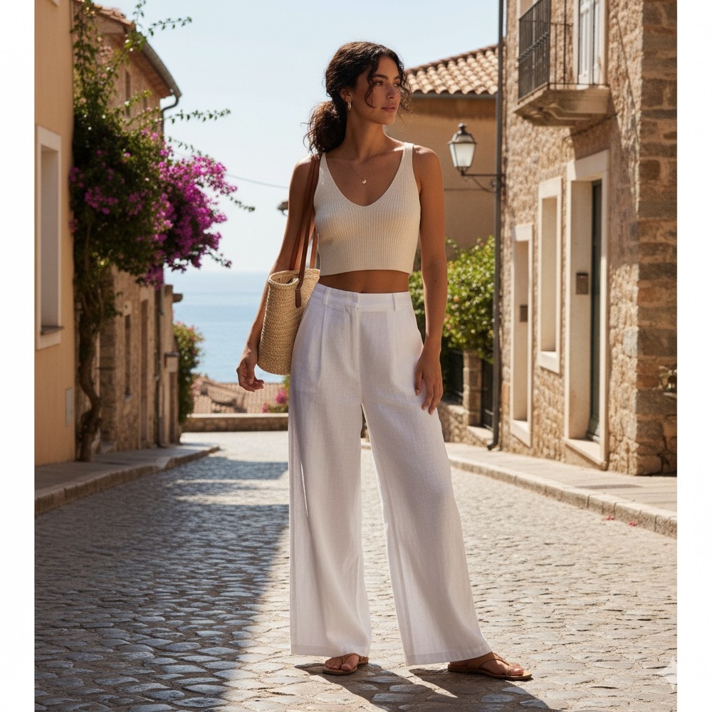 Aritzia: Wilfred “Alanya” Cream Wide-Leg Trousers with elastic back band